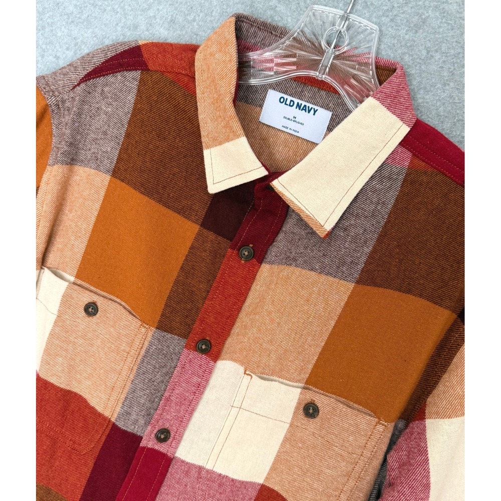 Old Navy Flannel Shirt Mens Medium Red Orange Plaid Double Brushed Long Sleeve